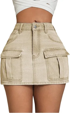 MakeMeChic Women's High Waist Jean Shirts Zip Fly Flap Pocket Bodycon Mini Denim Skirt