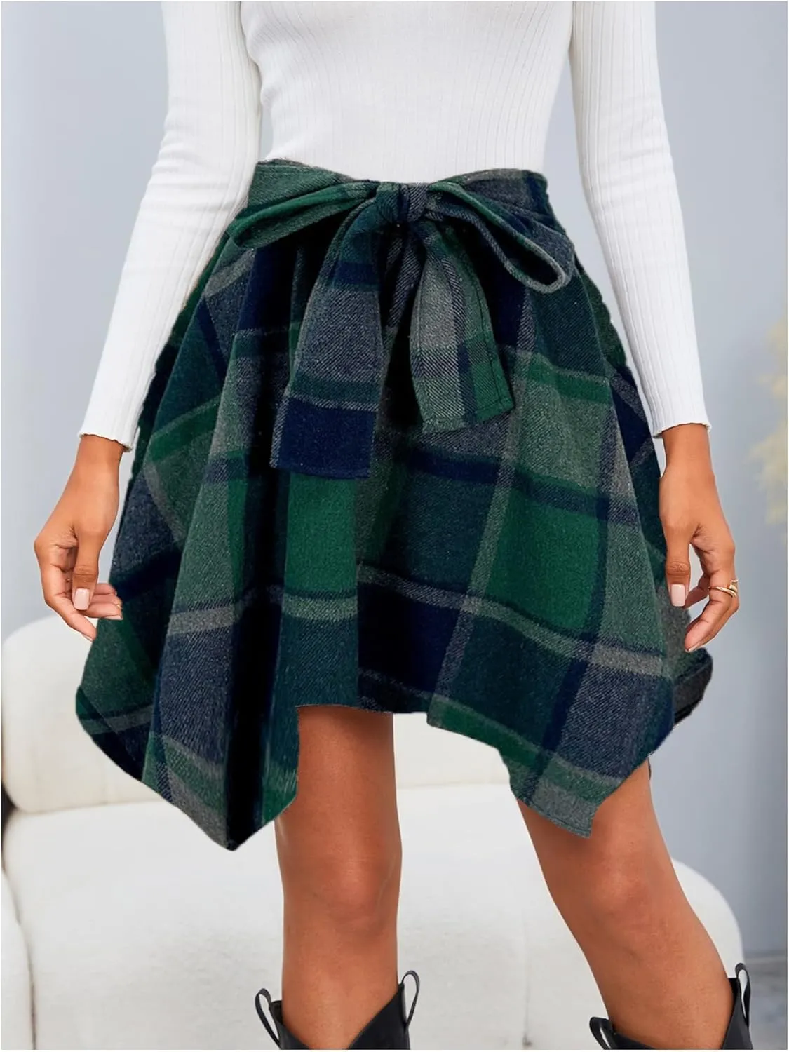 MakeMeChic Women's Plaid Bow Tie Front Skirt Elastic High Waisted Asymmetrical Mini Skirts
