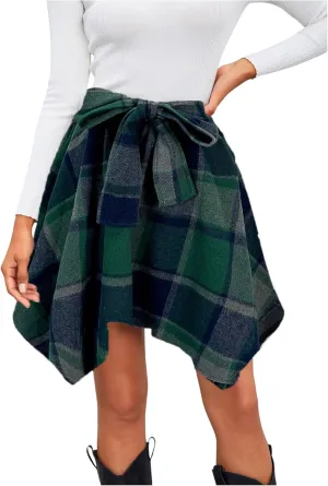 MakeMeChic Women's Plaid Bow Tie Front Skirt Elastic High Waisted Asymmetrical Mini Skirts