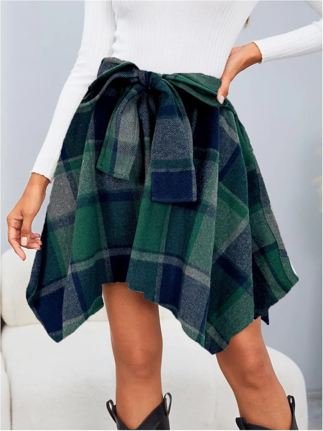 MakeMeChic Women's Plaid Bow Tie Front Skirt Elastic High Waisted Asymmetrical Mini Skirts