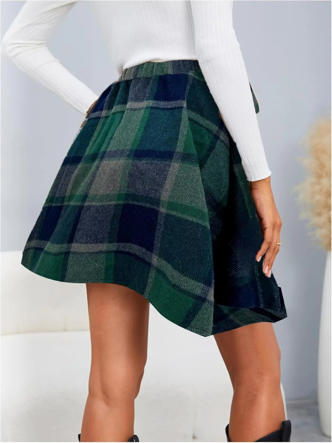 MakeMeChic Women's Plaid Bow Tie Front Skirt Elastic High Waisted Asymmetrical Mini Skirts