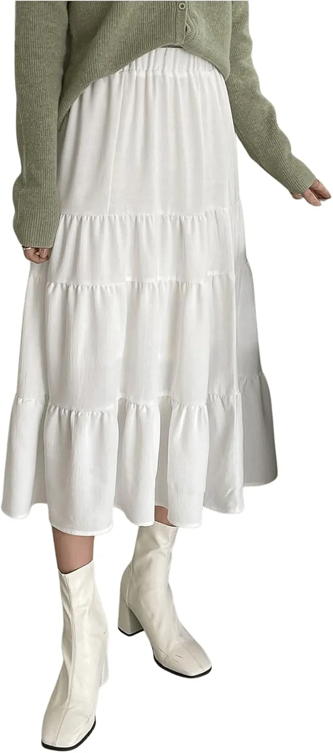 MakeMeChic Women's Plaid Print Tiered Layer A Line Ruffle Hem Loose Fit Casual Long Maxi Skirts