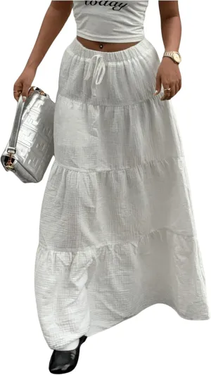 MakeMeChic Women's Plaid Print Tiered Layer A Line Ruffle Hem Loose Fit Casual Long Maxi Skirts