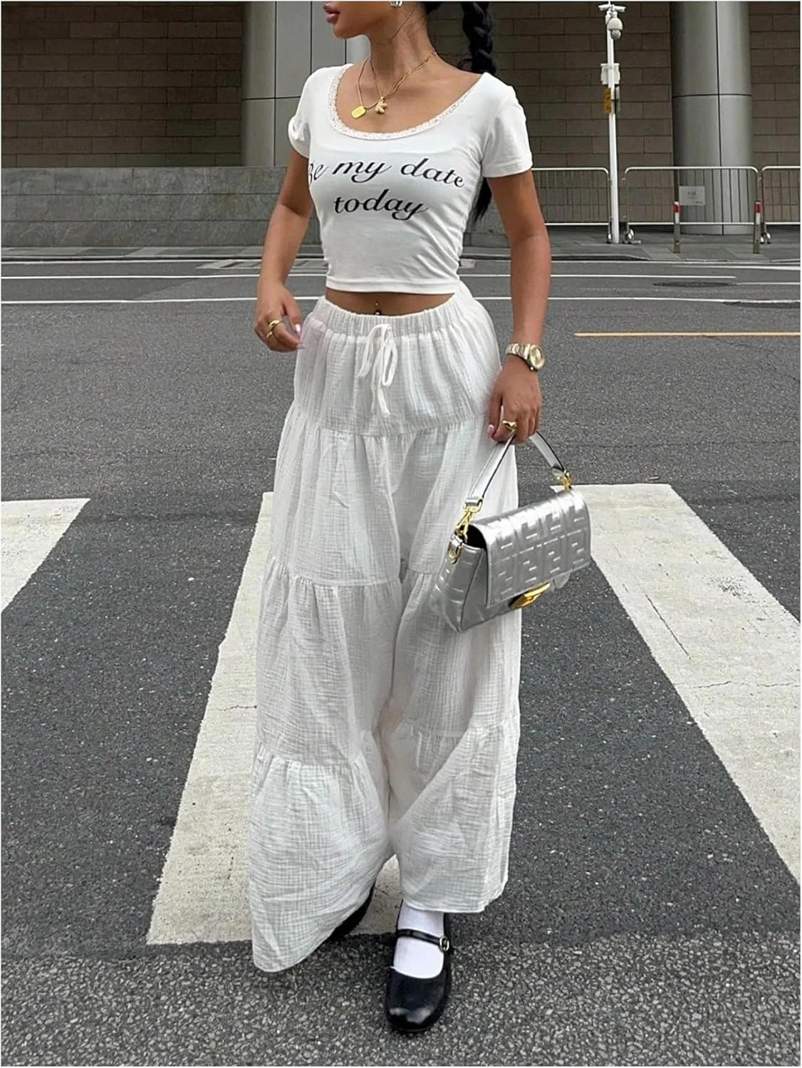 MakeMeChic Women's Plaid Print Tiered Layer A Line Ruffle Hem Loose Fit Casual Long Maxi Skirts