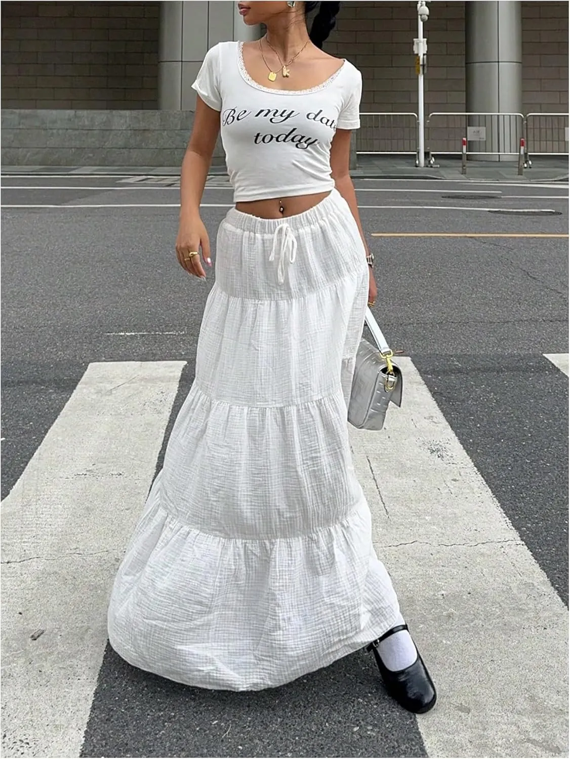MakeMeChic Women's Plaid Print Tiered Layer A Line Ruffle Hem Loose Fit Casual Long Maxi Skirts