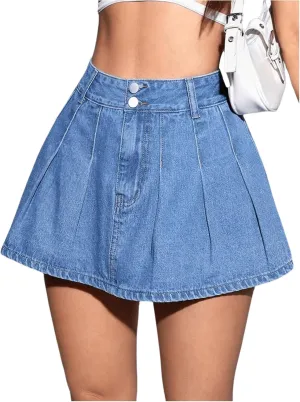 MakeMeChic Women's Pleated Flared Denim Shirts Zipper Fly Button Front Summer Mini Jean Skirt