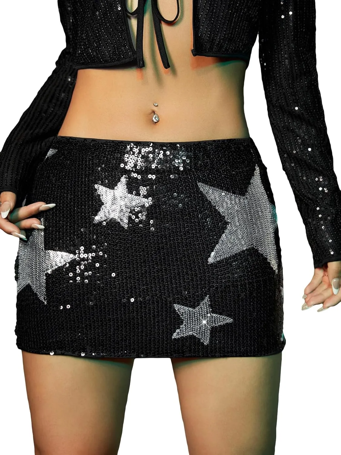 MakeMeChic Women's Star Sequin Skirt Bodycon Night Out Sparkly Short Skirts