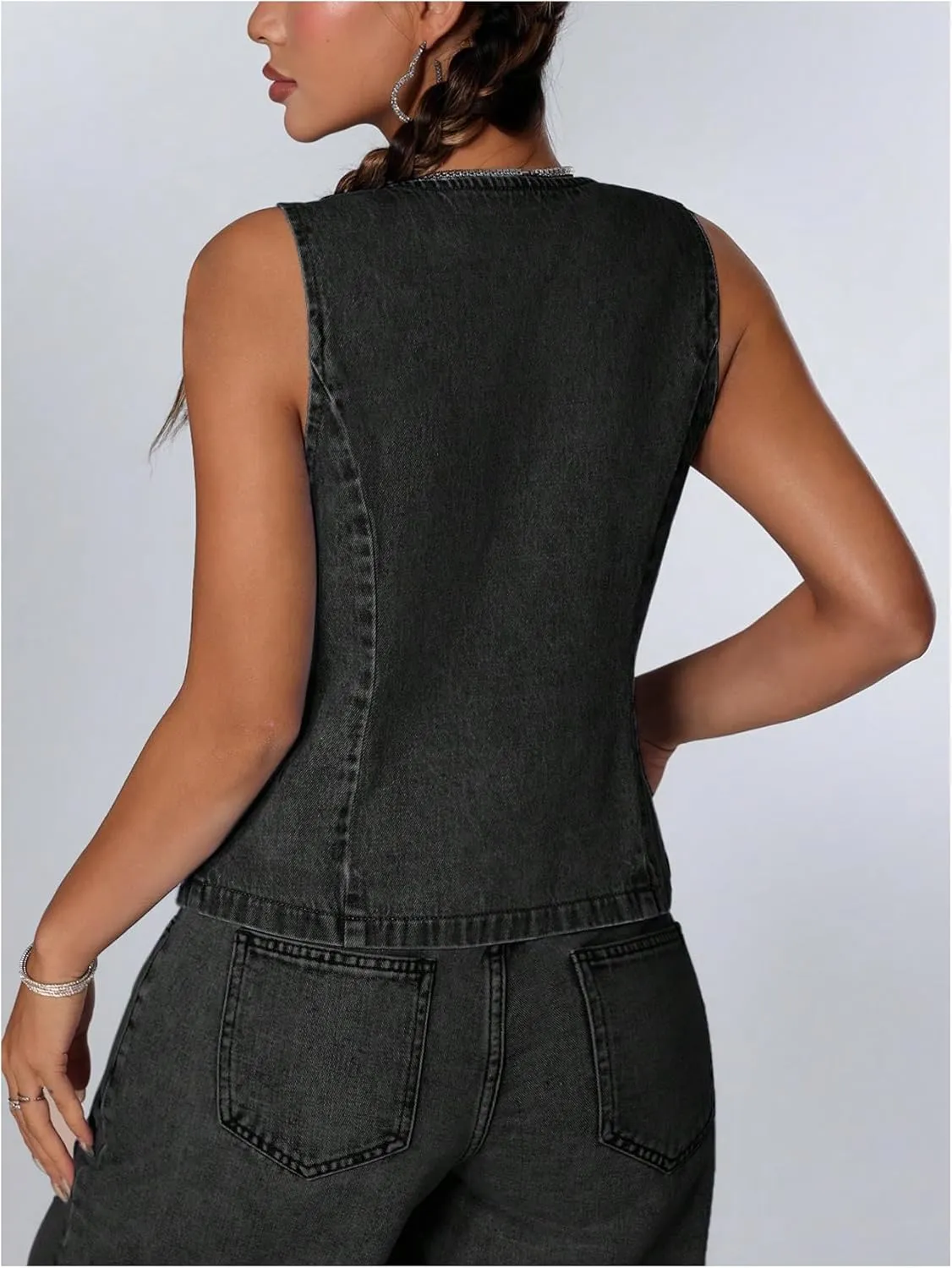 MakeMeChic Women's Tie Front Denim Vest Deep V Neck Sleeveless Crop Denim Top