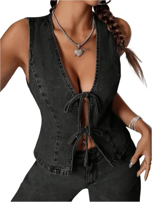 MakeMeChic Women's Tie Front Denim Vest Deep V Neck Sleeveless Crop Denim Top