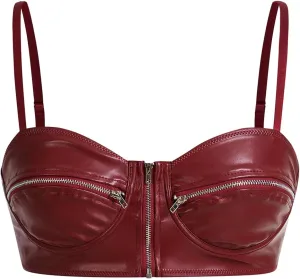MakeMeChic Women's Y2K PU Leather Tops Spaghetti Strap Camisole Zipper Sleeveless Crop Top