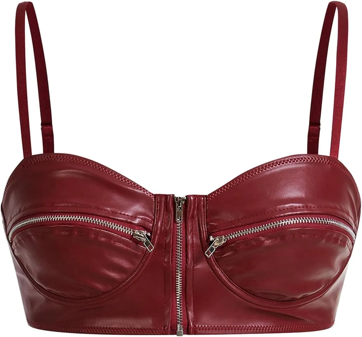 MakeMeChic Women's Y2K PU Leather Tops Spaghetti Strap Camisole Zipper Sleeveless Crop Top
