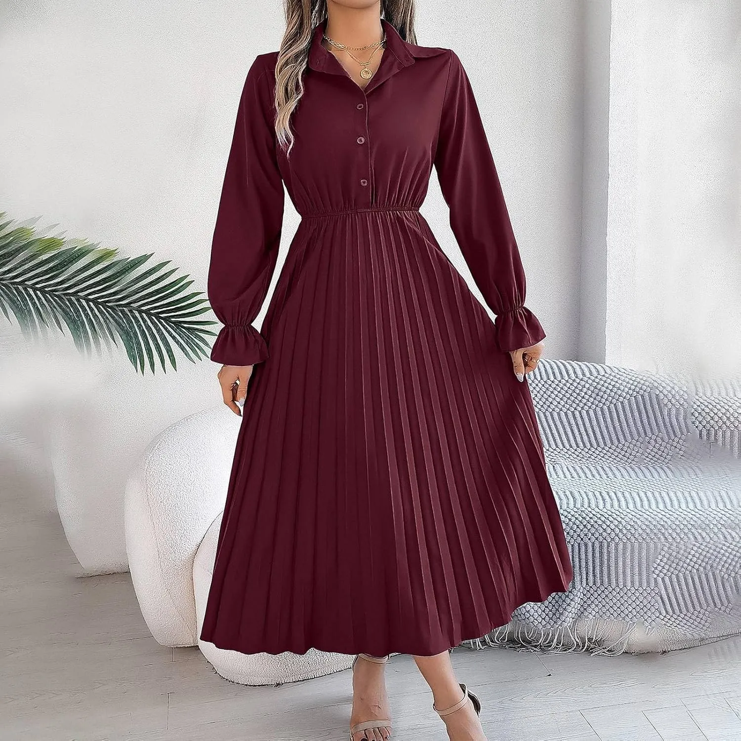 Maxi Dresses for Women 2024 Long Sleeve Pleated Dress Retro Casual Dresses Work Fitted Cute A-Line Trendy Clothing