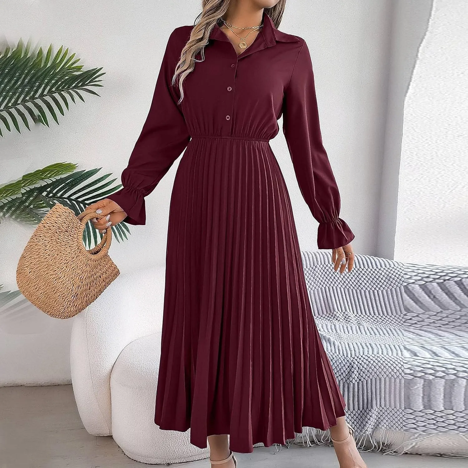 Maxi Dresses for Women 2024 Long Sleeve Pleated Dress Retro Casual Dresses Work Fitted Cute A-Line Trendy Clothing