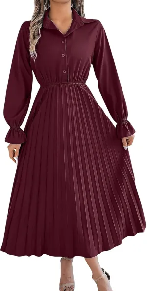Maxi Dresses for Women 2024 Long Sleeve Pleated Dress Retro Casual Dresses Work Fitted Cute A-Line Trendy Clothing