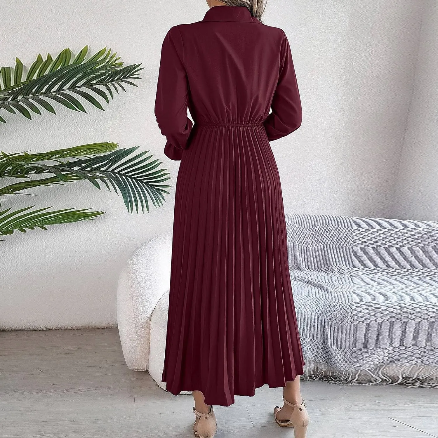 Maxi Dresses for Women 2024 Long Sleeve Pleated Dress Retro Casual Dresses Work Fitted Cute A-Line Trendy Clothing