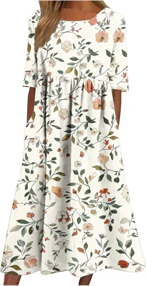 Maxi Dresses for Women Summer Casual Floral Short Sleeve A-Line T-Shirt Dresses Loose Flowy Beach Vacation Sundress