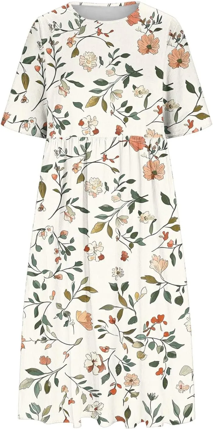 Maxi Dresses for Women Summer Casual Floral Short Sleeve A-Line T-Shirt Dresses Loose Flowy Beach Vacation Sundress
