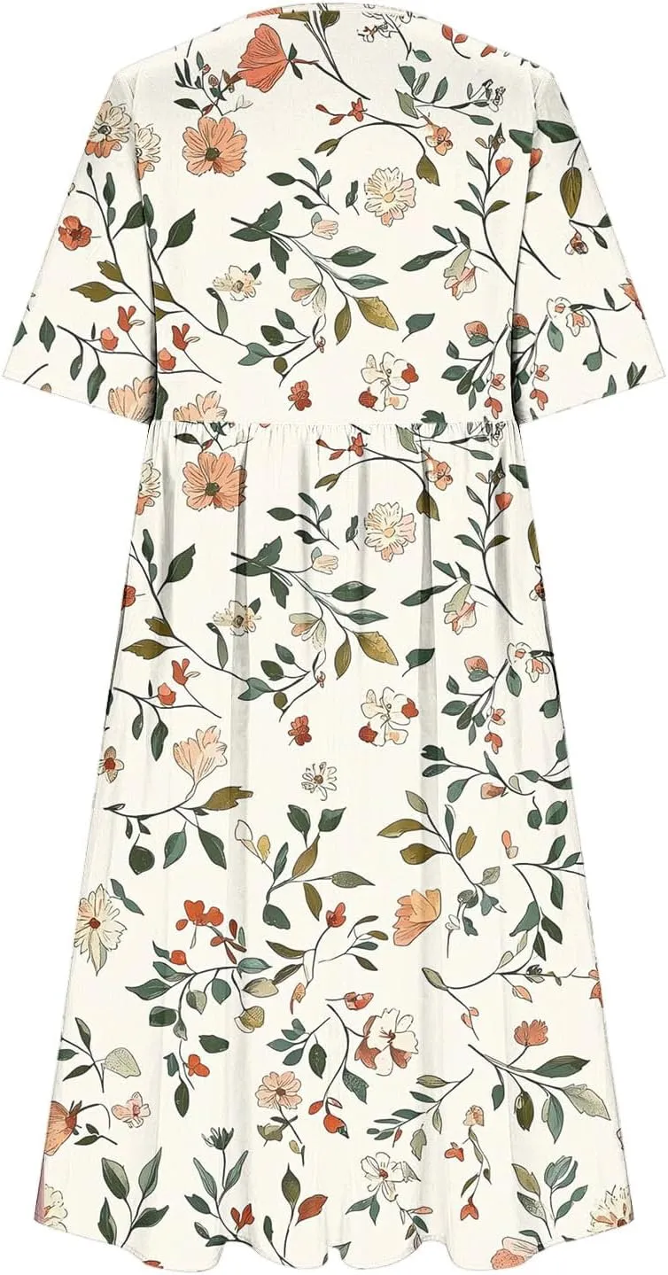 Maxi Dresses for Women Summer Casual Floral Short Sleeve A-Line T-Shirt Dresses Loose Flowy Beach Vacation Sundress