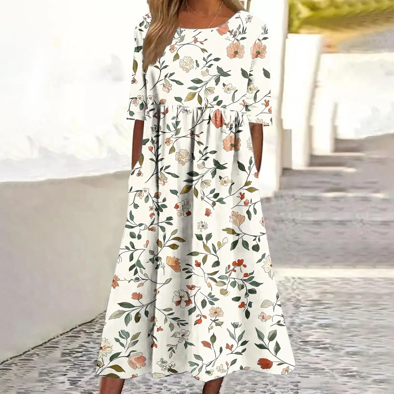 Maxi Dresses for Women Summer Casual Floral Short Sleeve A-Line T-Shirt Dresses Loose Flowy Beach Vacation Sundress