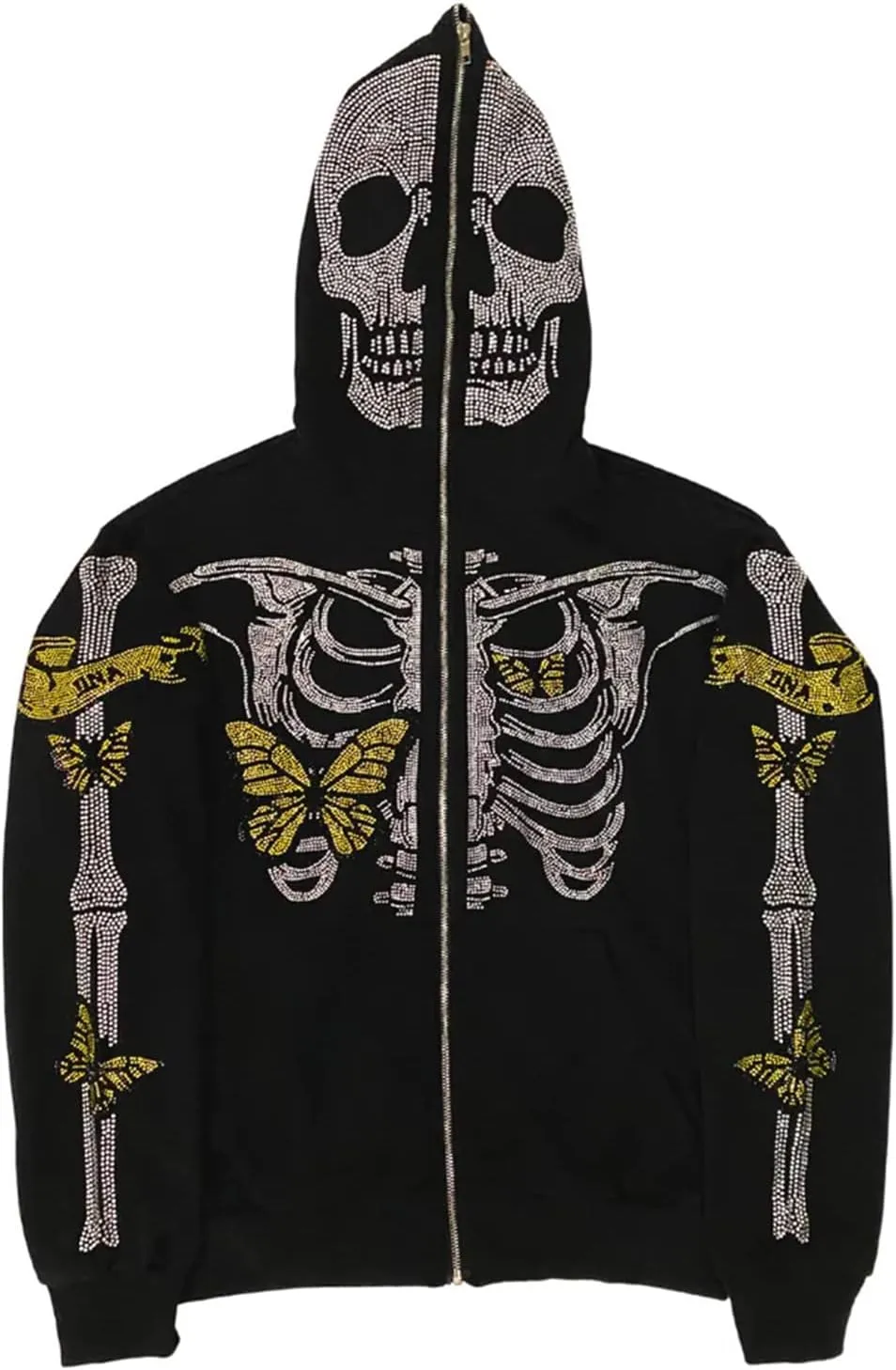 Men Rhinestone Y2k Full Zip Up Hoodies Women Oversized Skull Skeleton Sweatshirt Zip Over Face Gothic Jacket