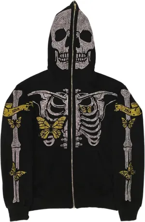 Men Rhinestone Y2k Full Zip Up Hoodies Women Oversized Skull Skeleton Sweatshirt Zip Over Face Gothic Jacket