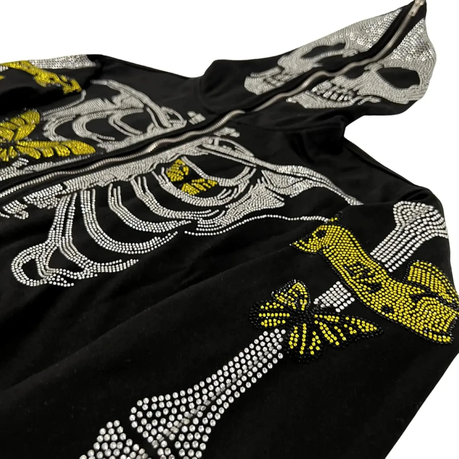 Men Rhinestone Y2k Full Zip Up Hoodies Women Oversized Skull Skeleton Sweatshirt Zip Over Face Gothic Jacket
