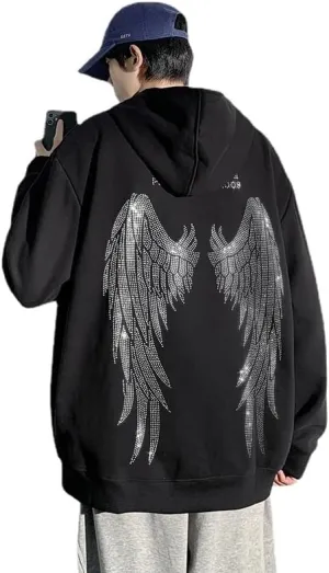 Men's Angel Wings Zip up Hoodie,Sweater, Rhinestones Streetwear Oversized Jacket,Graphic Hoodie for Women