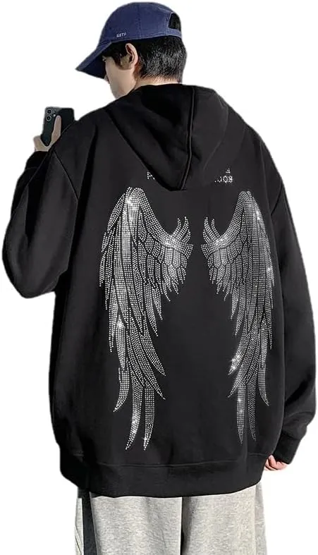 Men's Angel Wings Zip up Hoodie,Sweater, Rhinestones Streetwear Oversized Jacket,Graphic Hoodie for Women