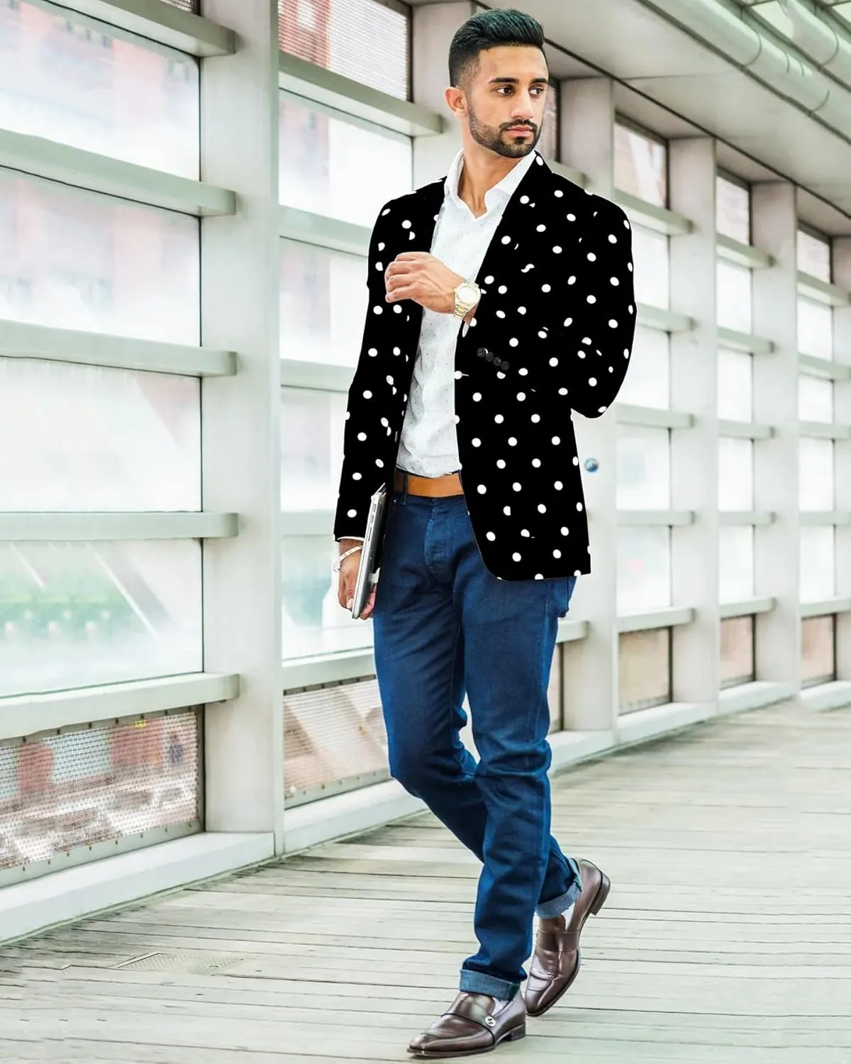 Men's Blazer 2 Button Long Sleeve Printed Regular Fit Suit Jacket Business Lightweight Casual Sport Coat