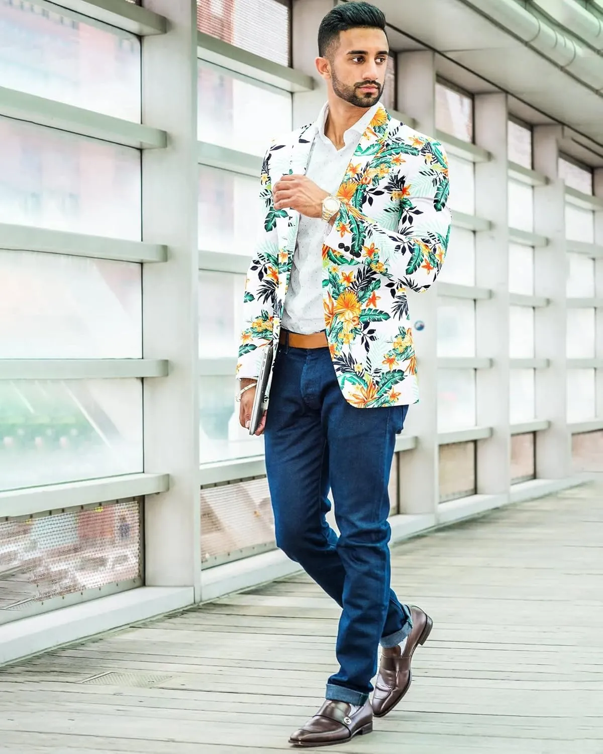 Men's Blazer 2 Button Long Sleeve Printed Regular Fit Suit Jacket Business Lightweight Casual Sport Coat