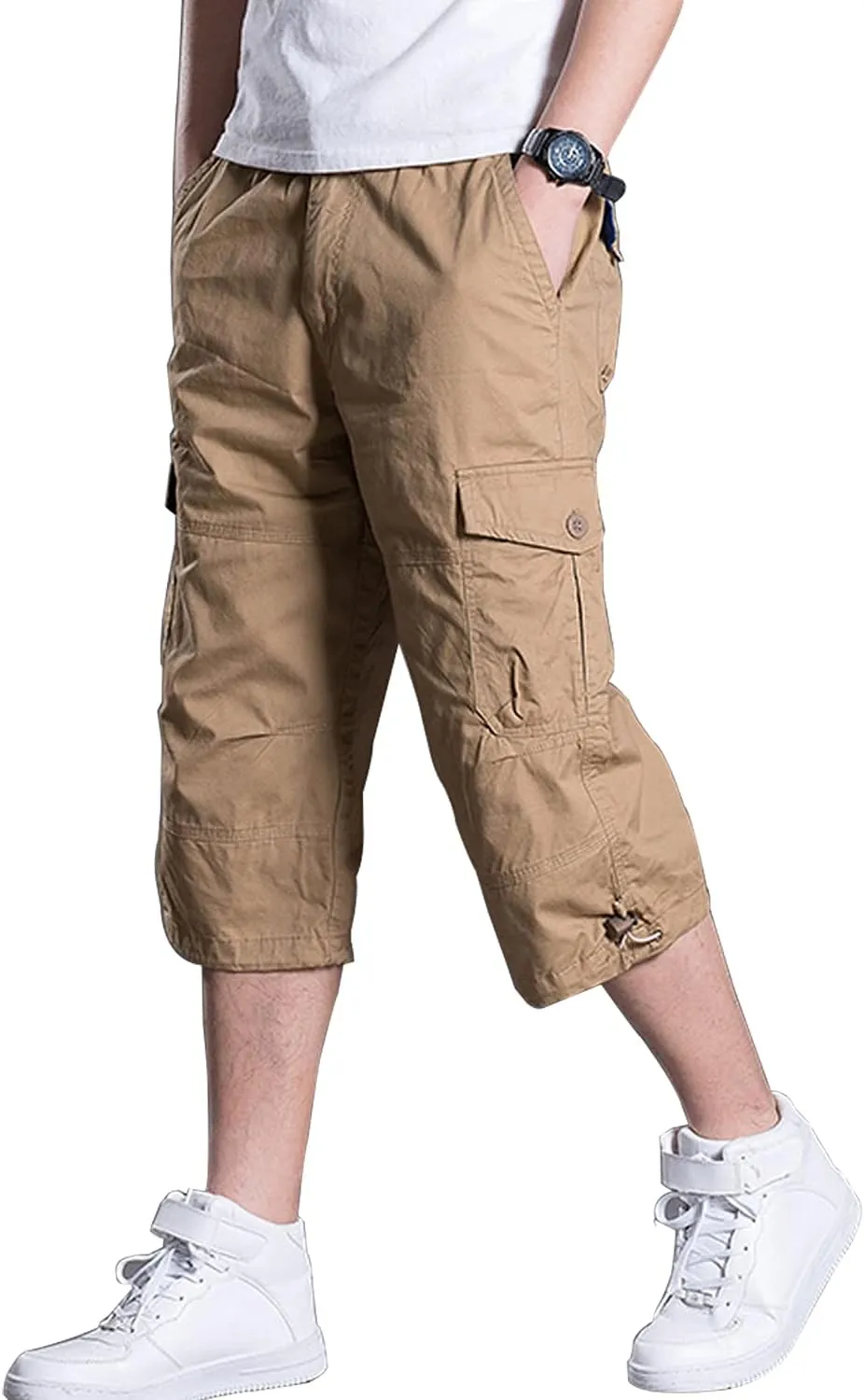 Men's Casual Cargo Shorts 16" Inseam Below Knee Multi Pocket 3/4 Capri Long Shorts Twill Relaxed Fit Pants