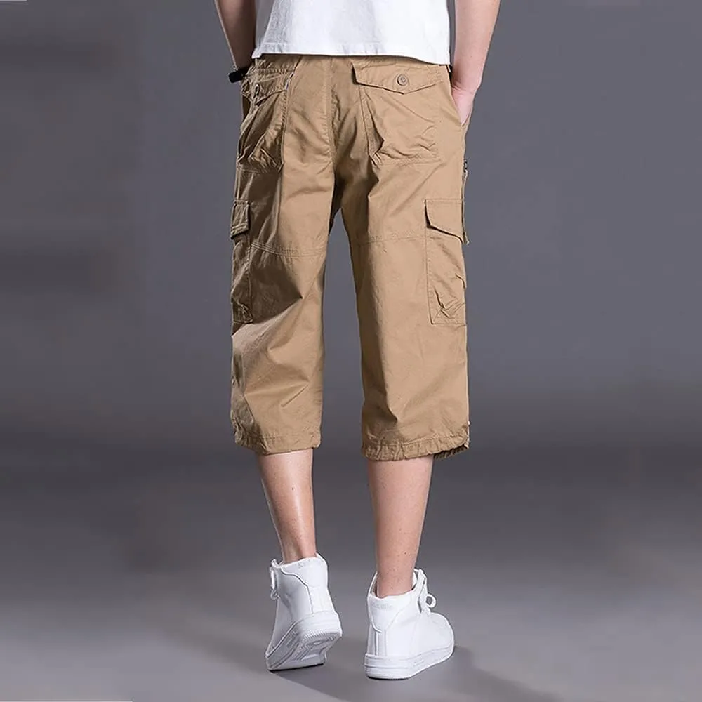 Men's Casual Cargo Shorts 16" Inseam Below Knee Multi Pocket 3/4 Capri Long Shorts Twill Relaxed Fit Pants