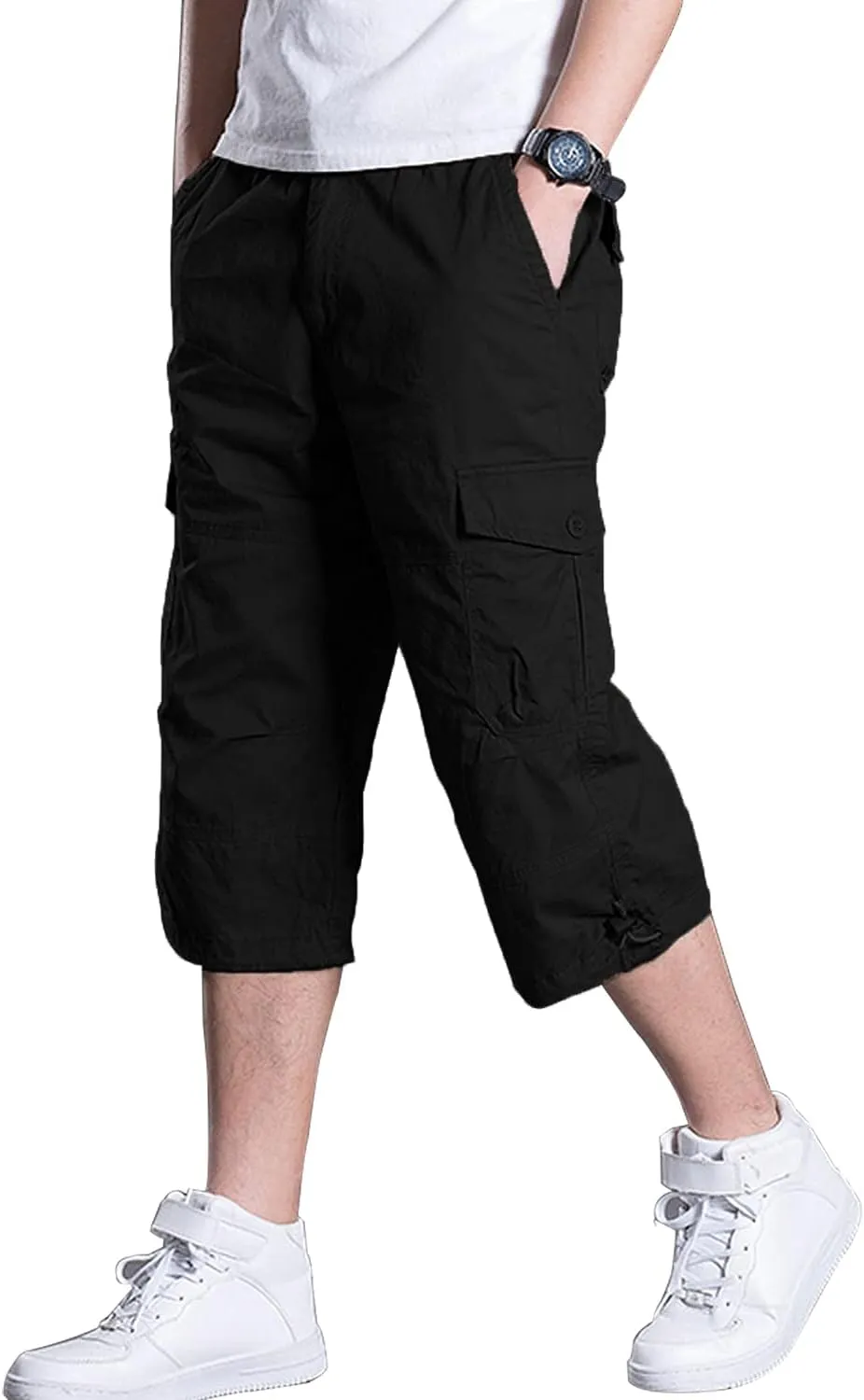 Men's Casual Cargo Shorts 16" Inseam Below Knee Multi Pocket 3/4 Capri Long Shorts Twill Relaxed Fit Pants