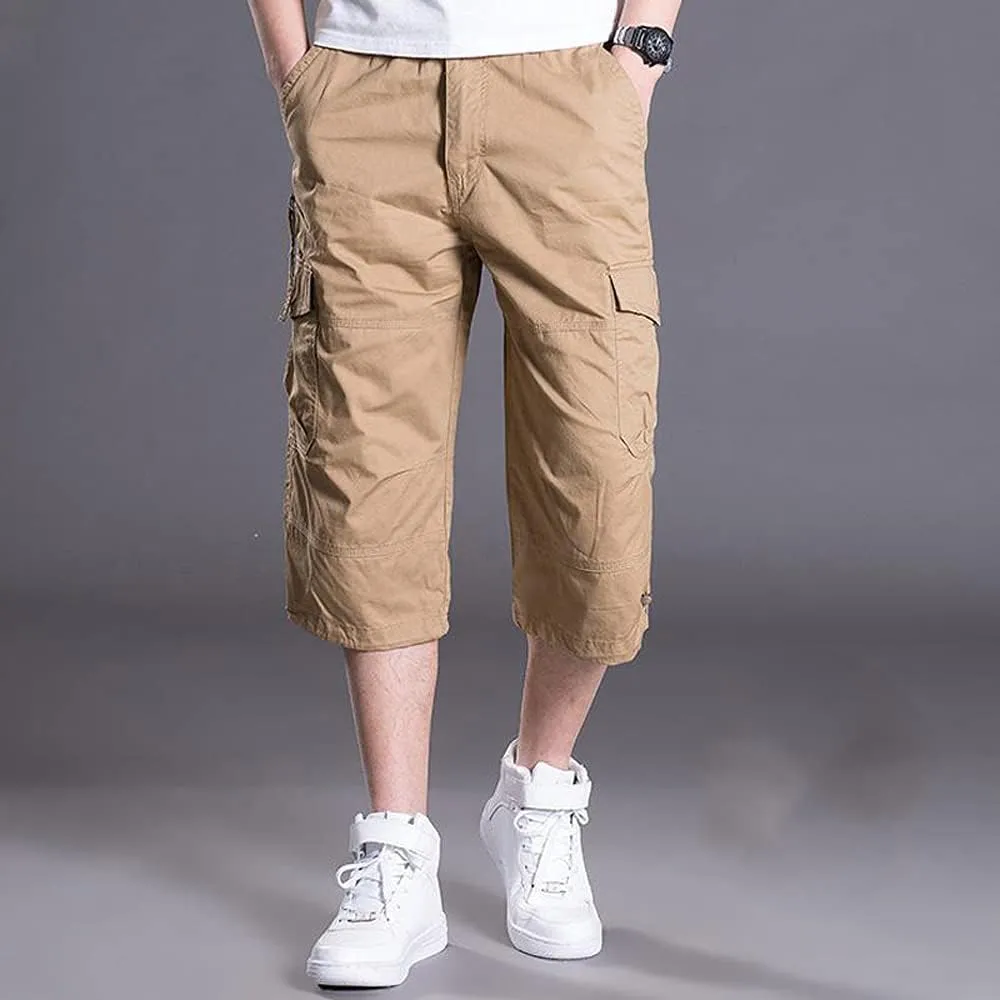 Men's Casual Cargo Shorts 16" Inseam Below Knee Multi Pocket 3/4 Capri Long Shorts Twill Relaxed Fit Pants