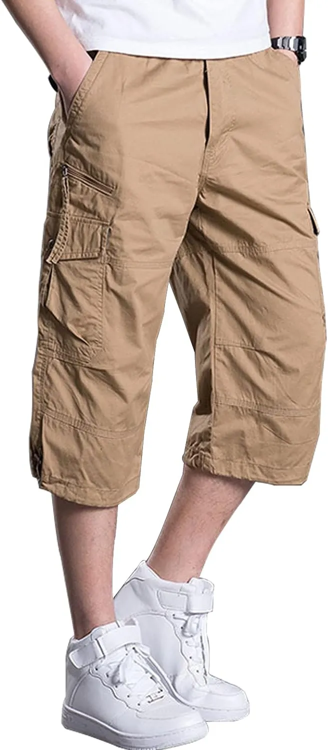 Men's Casual Cargo Shorts 16" Inseam Below Knee Multi Pocket 3/4 Capri Long Shorts Twill Relaxed Fit Pants