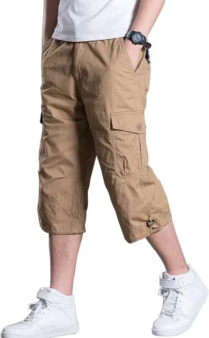 Men's Casual Cargo Shorts 16" Inseam Below Knee Multi Pocket 3/4 Capri Long Shorts Twill Relaxed Fit Pants
