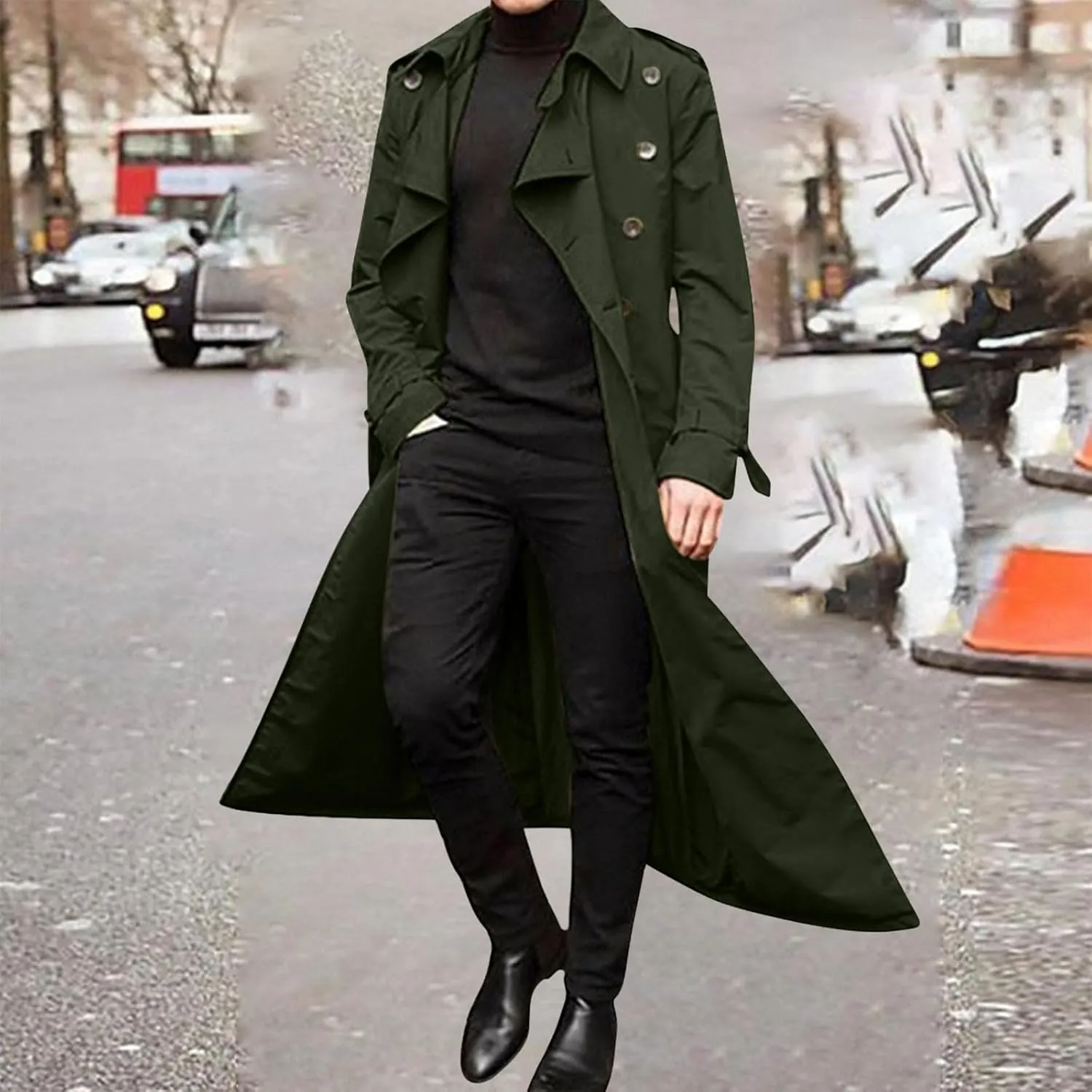 Men's Double Breasted Long Trench Coat Business Casual Oversized Windbreaker Notch Lapel Jacket Belted Windproof Overcoat