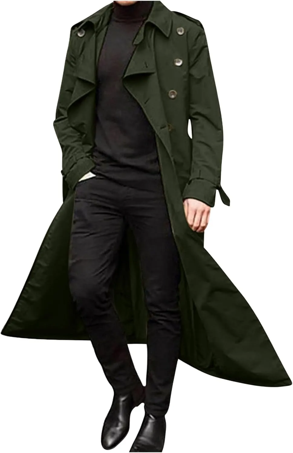 Men's Double Breasted Long Trench Coat Business Casual Oversized Windbreaker Notch Lapel Jacket Belted Windproof Overcoat