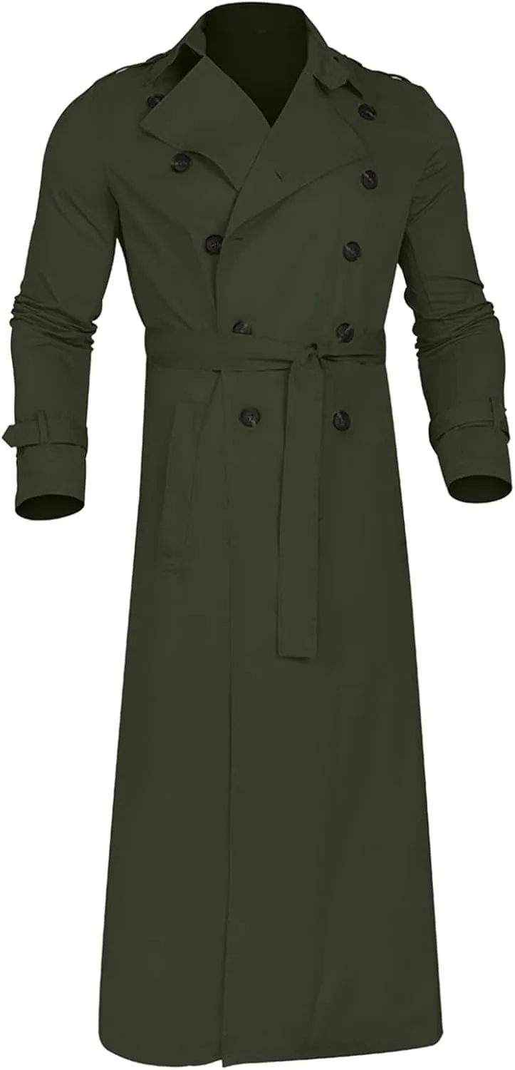 Men's Double Breasted Long Trench Coat Business Casual Oversized Windbreaker Notch Lapel Jacket Belted Windproof Overcoat