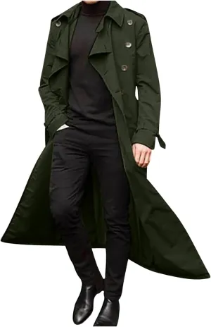 Men's Double Breasted Long Trench Coat Business Casual Oversized Windbreaker Notch Lapel Jacket Belted Windproof Overcoat