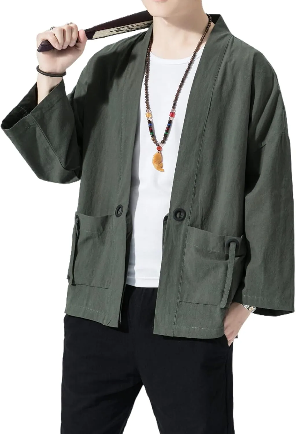Men's Japanese Kimono Cardigan Loose Cotton Linen 3/4 Sleeve Open Front Casual Summer Shirt Jackets