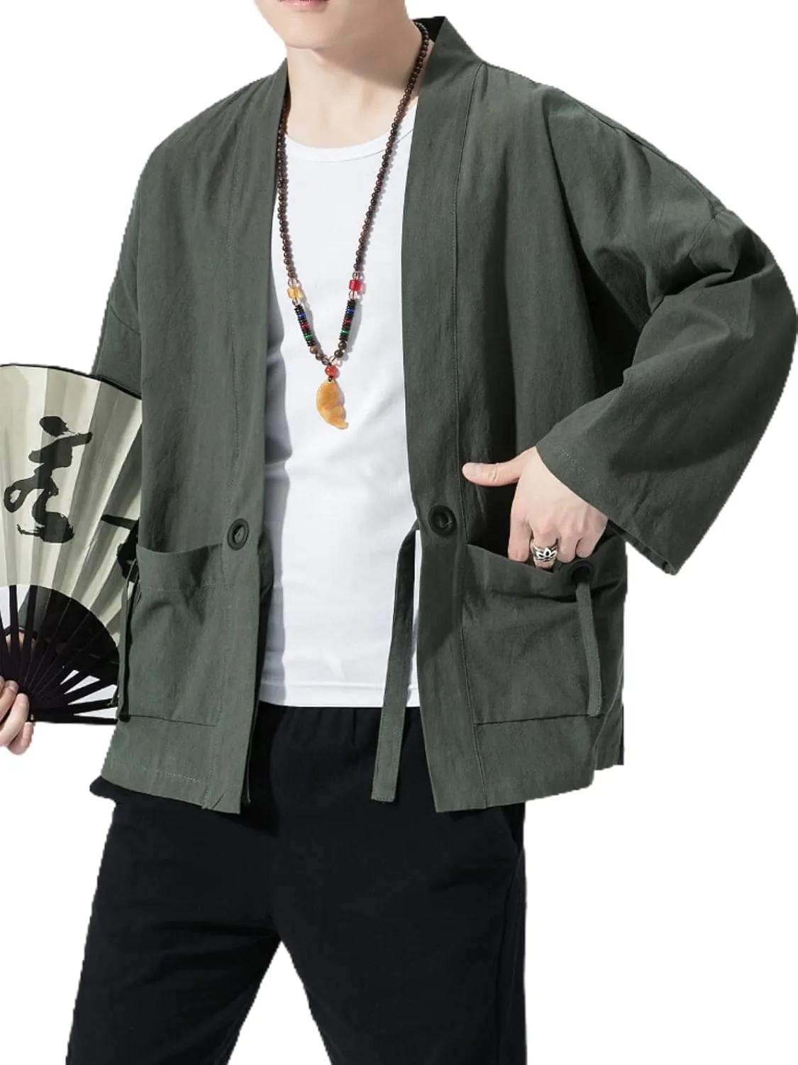 Men's Japanese Kimono Cardigan Loose Cotton Linen 3/4 Sleeve Open Front Casual Summer Shirt Jackets