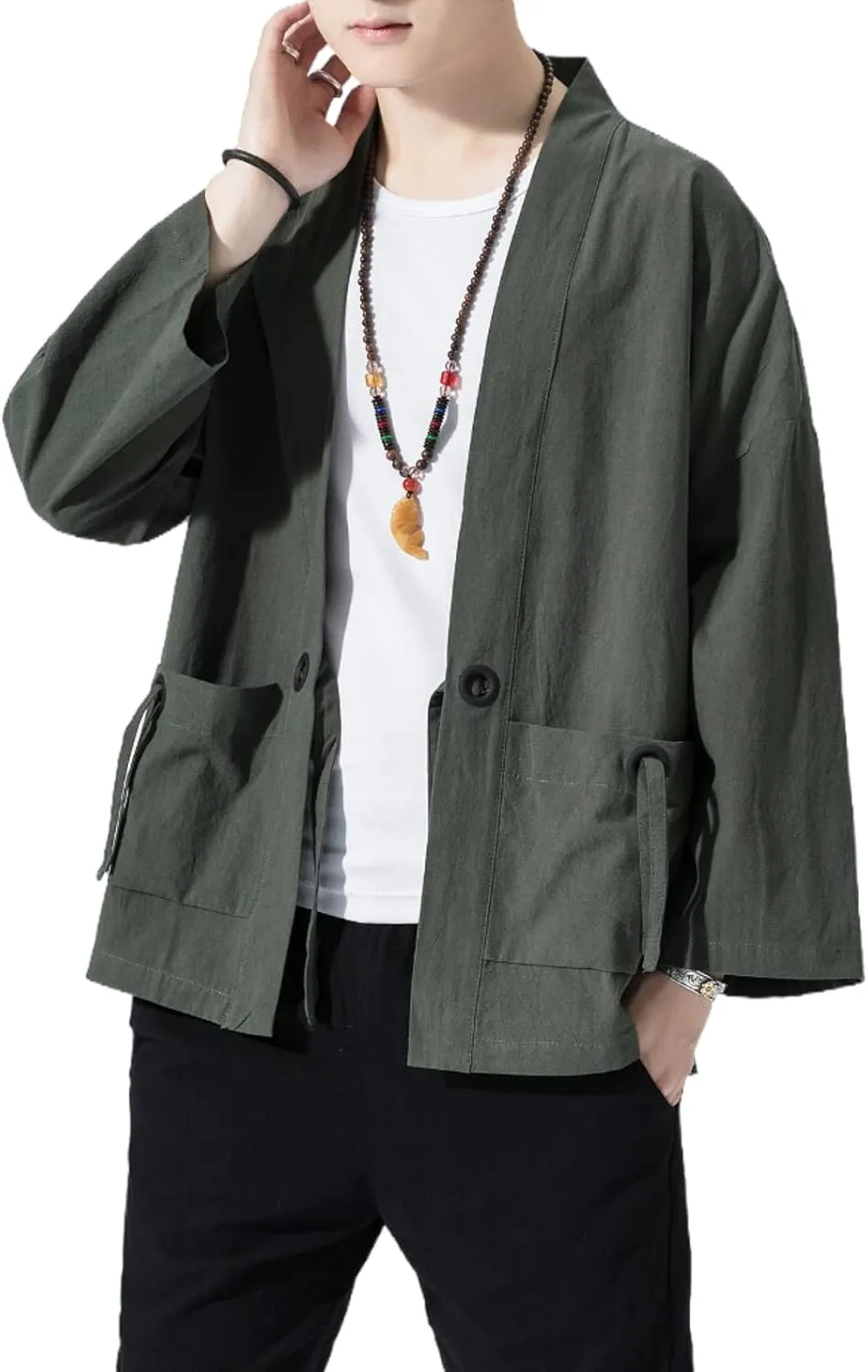 Men's Japanese Kimono Cardigan Loose Cotton Linen 3/4 Sleeve Open Front Casual Summer Shirt Jackets