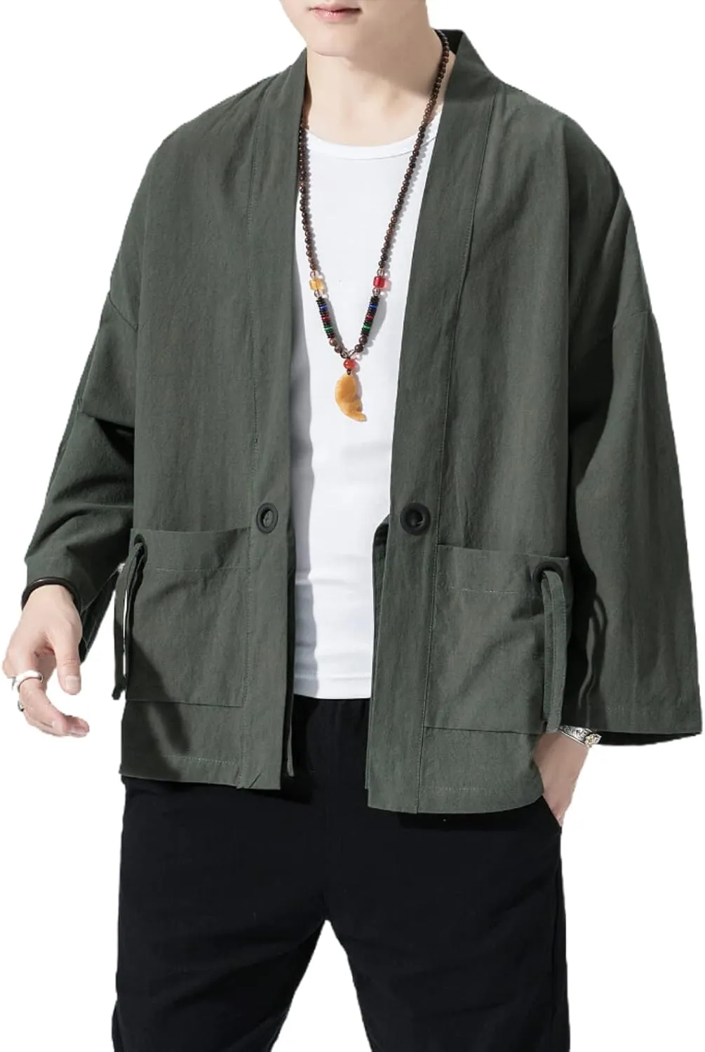 Men's Japanese Kimono Cardigan Loose Cotton Linen 3/4 Sleeve Open Front Casual Summer Shirt Jackets