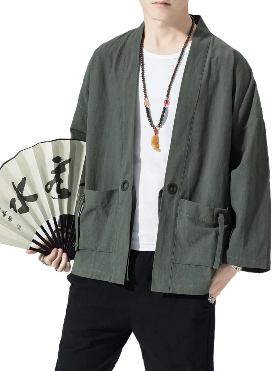 Men's Japanese Kimono Cardigan Loose Cotton Linen 3/4 Sleeve Open Front Casual Summer Shirt Jackets