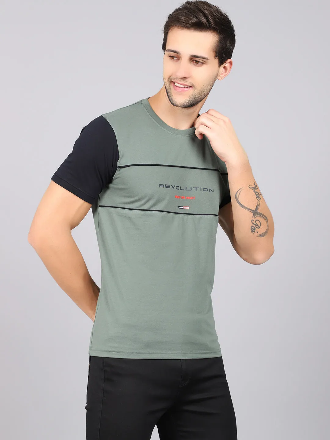 Men's Olive Green Round neck Half Sleeve T-Shirt with cut n sew print panel & contrast Sleeve