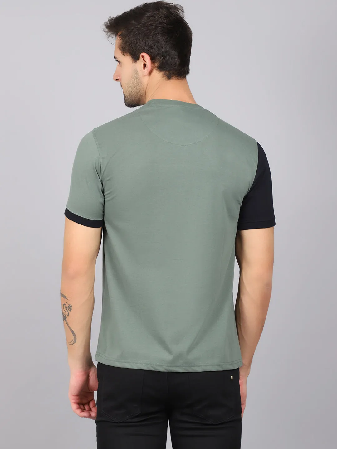 Men's Olive Green Round neck Half Sleeve T-Shirt with cut n sew print panel & contrast Sleeve