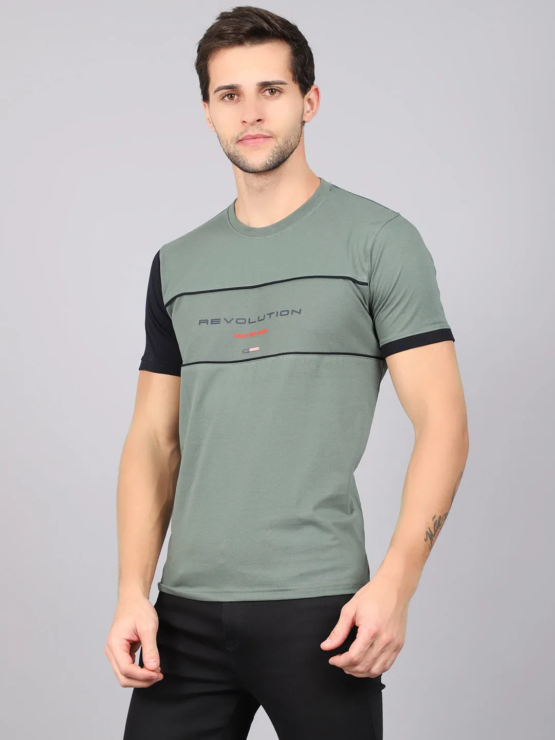 Men's Olive Green Round neck Half Sleeve T-Shirt with cut n sew print panel & contrast Sleeve