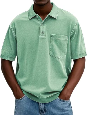 Men's Polo Shirts Short Sleeve Distressed Washed T-Shirt Button Casual Banded Bottom Tee Tops with Pocket