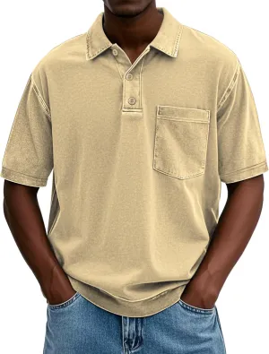 Men's Polo Shirts Short Sleeve Distressed Washed T-Shirt Button Casual Banded Bottom Tee Tops with Pocket